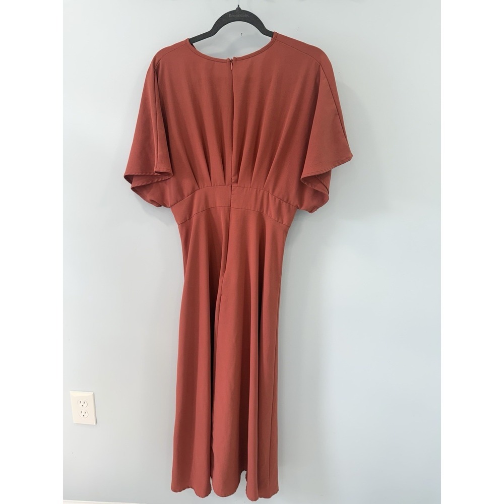 Shein Burnt Orange Maxi Dress Ruched Back Flare Sleeve Boho Style Size 6 Flowy - Picture 4 of 9